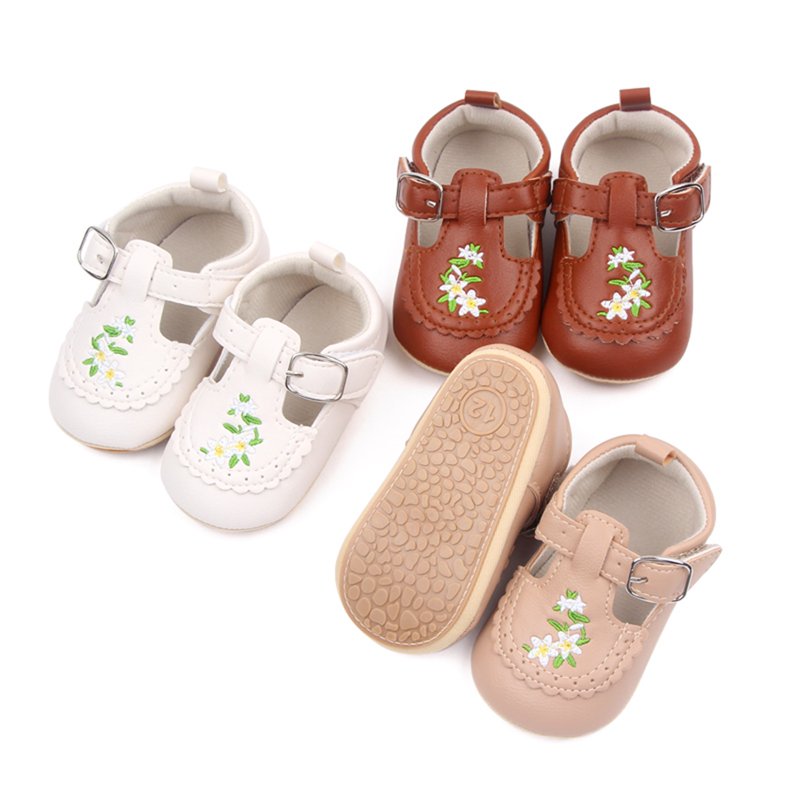 Infant Baby Girls Princess Shoes With Flower Embroidery Soft PU Leather Non-slip First Walker Shoes Toddler Flat Walking Shoes