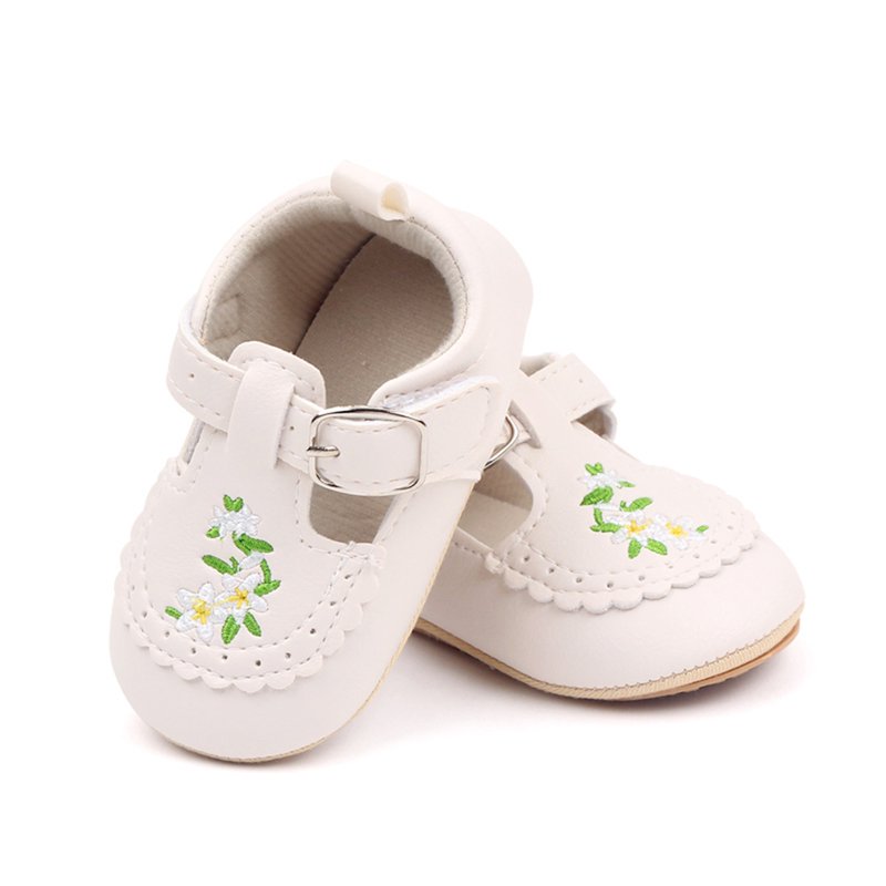 Infant Baby Girls Princess Shoes With Flower Embroidery Soft PU Leather Non-slip First Walker Shoes Toddler Flat Walking Shoes