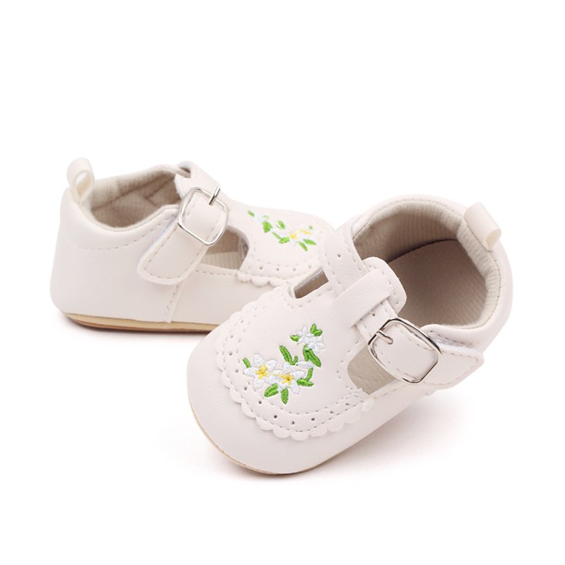 Infant Baby Girls Princess Shoes With Flower Embroidery Soft PU Leather Non-slip First Walker Shoes Toddler Flat Walking Shoes