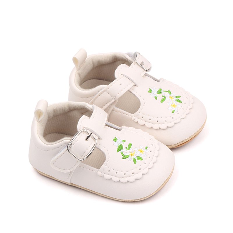 Infant Baby Girls Princess Shoes with Flower Embroidery Soft PU Leather Non-slip First Walker Shoes Toddler Flat Walking Shoes