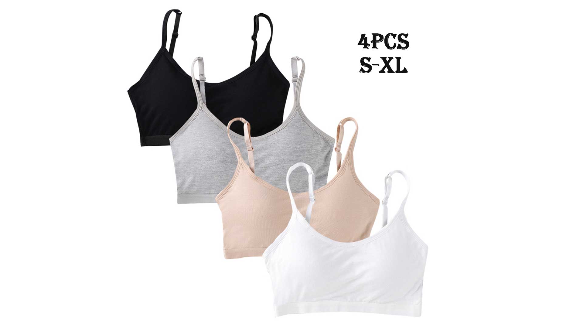 Ingzy 4-pack Teens Girls Training Bra Comfort Stretch Cami Bralette Cotton Padded Sports Bra For Big Girls 10-18 Years