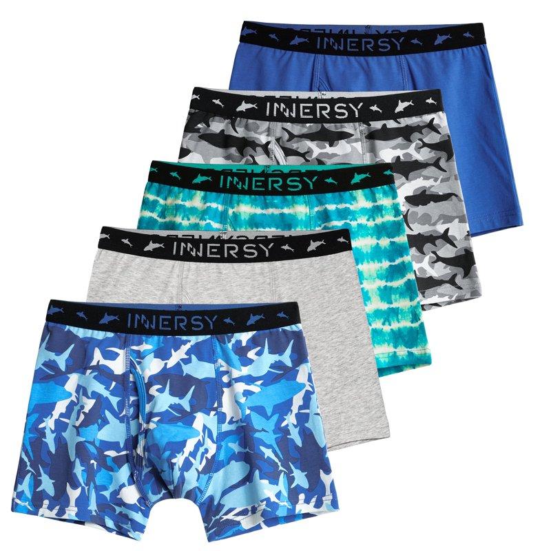 INNERSY Boys Underwear Stretchy Cotton Soft Boxer Briefs for 6-18 Teen Boys 5 Pack (L Sea Shark)