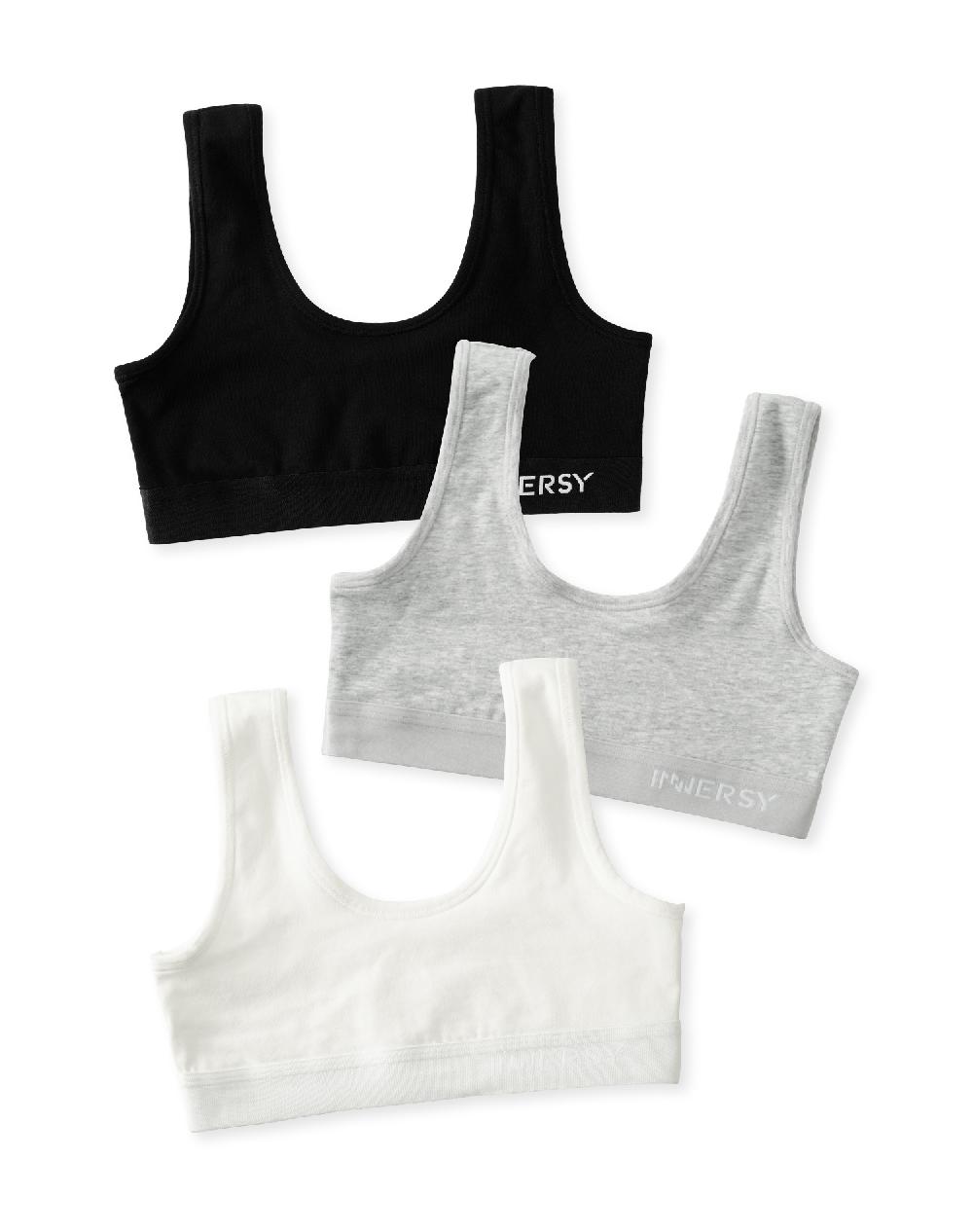 INNERSY Girls Wireless Bras Comfortable Cotton Little Girls Training Bras 3 Pack(L Solid Black/Grey/White)