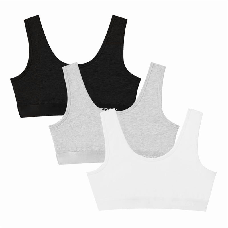INNERSY Girls Wireless Bras Comfortable Cotton Little Girls Training Bras 3 Pack(L Solid Black/Grey/White)