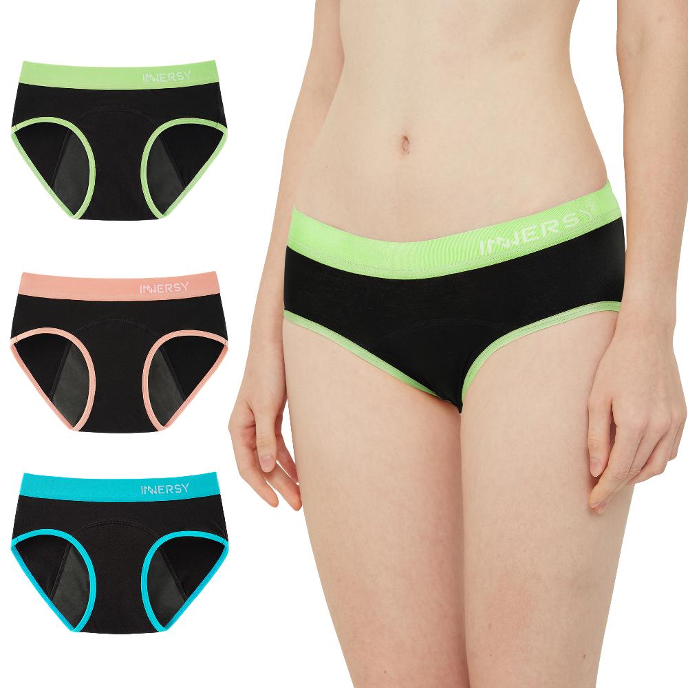 INNERSY Period Panties For Girls Cotton Menstrual Underwear For First Period Starter 3-Pack (12-14 Years Various Black)