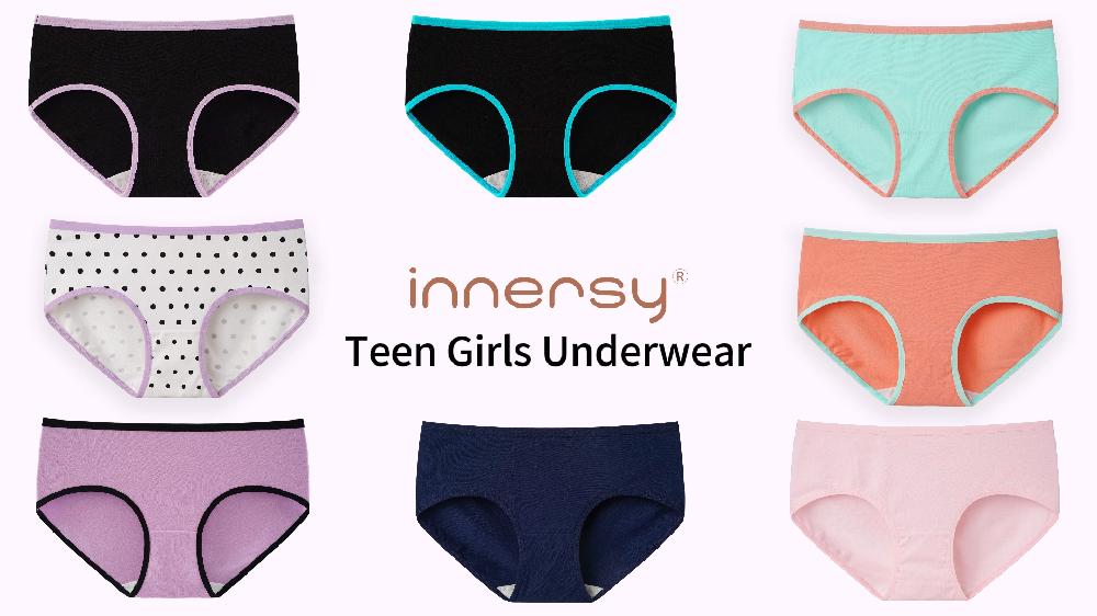 INNERSY Teen Girls Underwear Cotton Briefs Black Girls Panties 6 Pack (10-12 Years Black With Neon Hem)