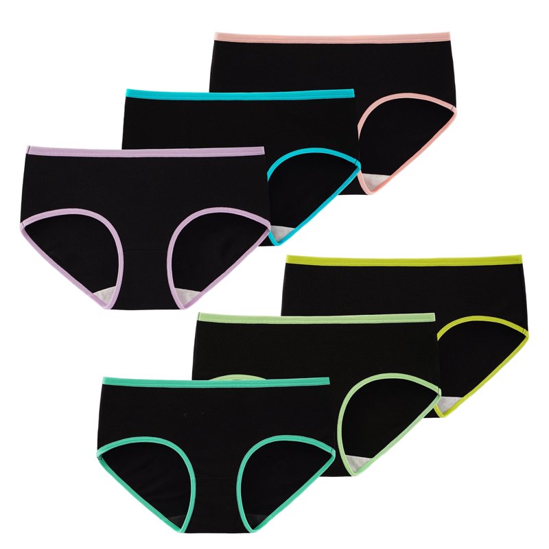 INNERSY Teen Girls Underwear Cotton Briefs Black Girls Panties 6 Pack (10-12 Years Black With Neon Hem)