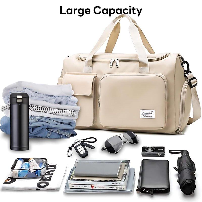 INSMART 35L Travel Duffle Bag Foldable Weekender Bags Carry On Gym Bag With Wet Pocket Adjustable Strap Shoe Compartment For Plane Sports Dance Beige