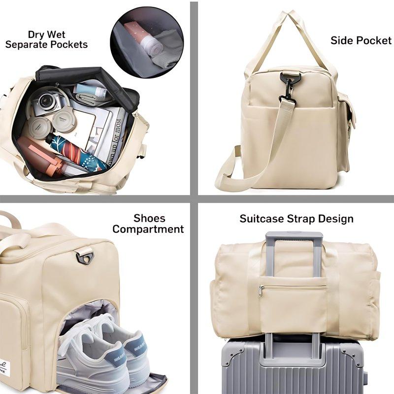 INSMART 35L Travel Duffle Bag Foldable Weekender Bags Carry On Gym Bag With Wet Pocket Adjustable Strap Shoe Compartment For Plane Sports Dance Beige
