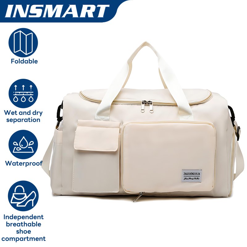 INSMART 35L Travel Duffle Bag Foldable Weekender Bags Carry on Gym Bag with Wet Pocket Adjustable Strap Shoe Compartment for Plane Sports Dance Beige