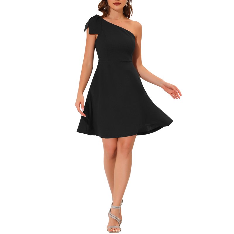 INSPIRE CHIC Women's Bow One Shoulder Strapless A-Line With Pockets Flared Party Dress M Black