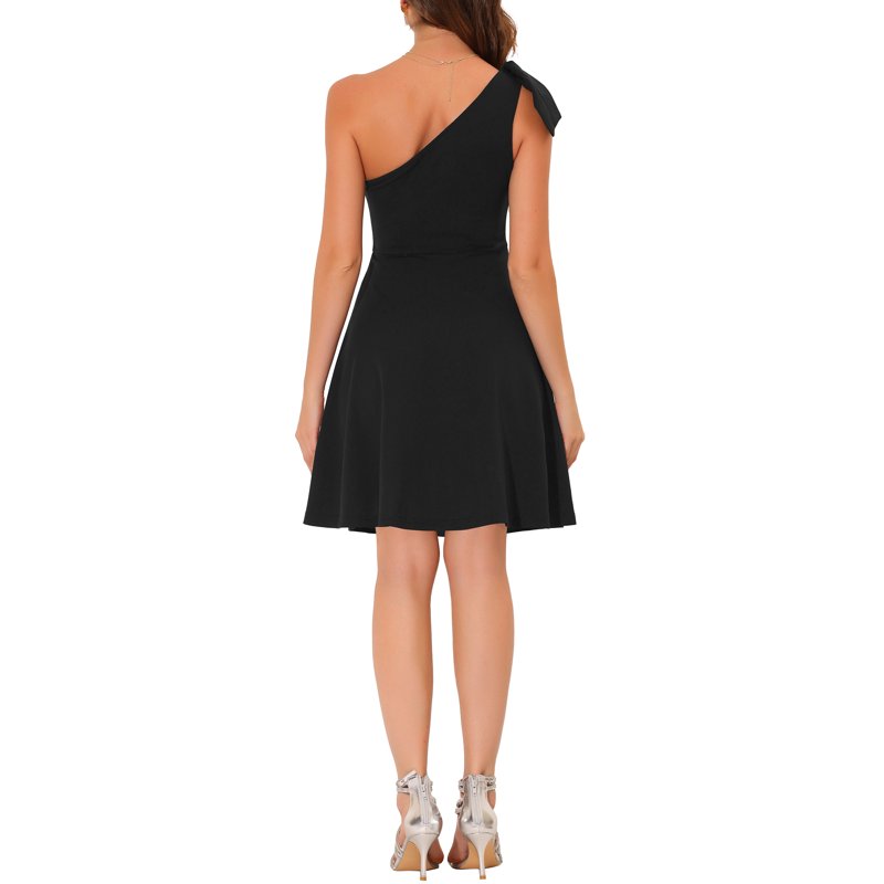 INSPIRE CHIC Women's Bow One Shoulder Strapless A-Line With Pockets Flared Party Dress M Black