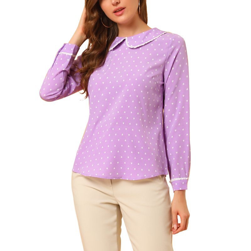 INSPIRE CHIC Women's Cute Ruffle Peter Pan Collar Long Sleeve Sweet Blouse Tops S Purple
