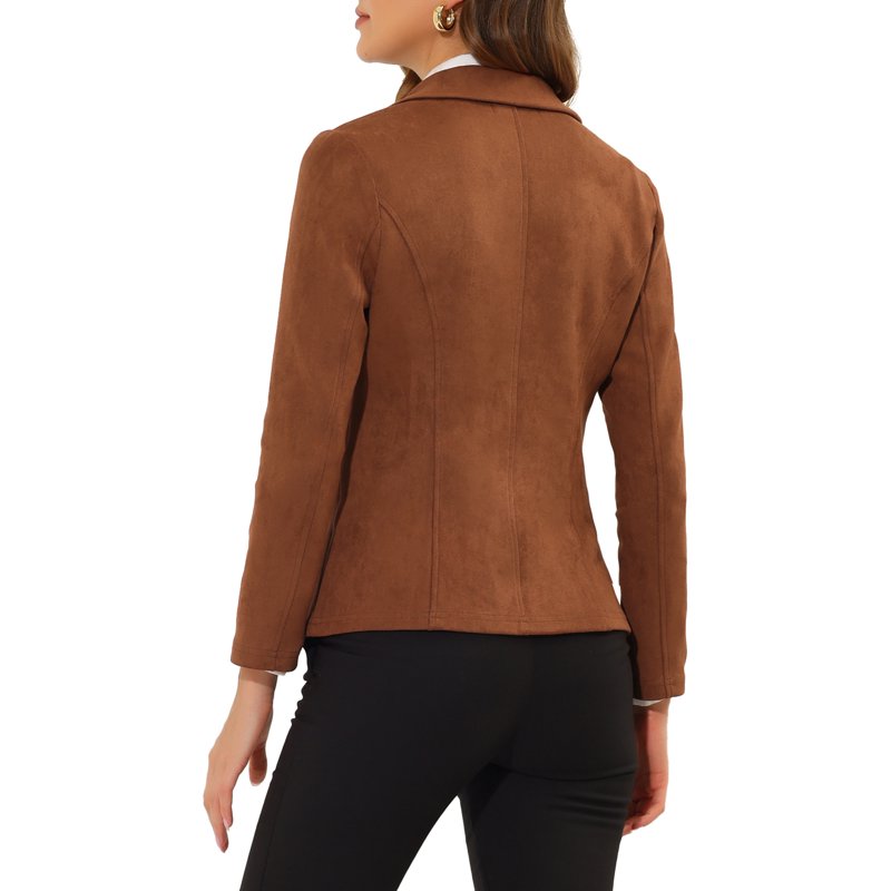 INSPIRE CHIC Women's Faux Suede Blazer Lapel Collar Long Sleeves Wear-to-Work Jacket L Caramel