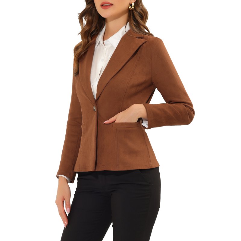 INSPIRE CHIC Women's Faux Suede Blazer Lapel Collar Long Sleeves Wear-to-Work Jacket L Caramel