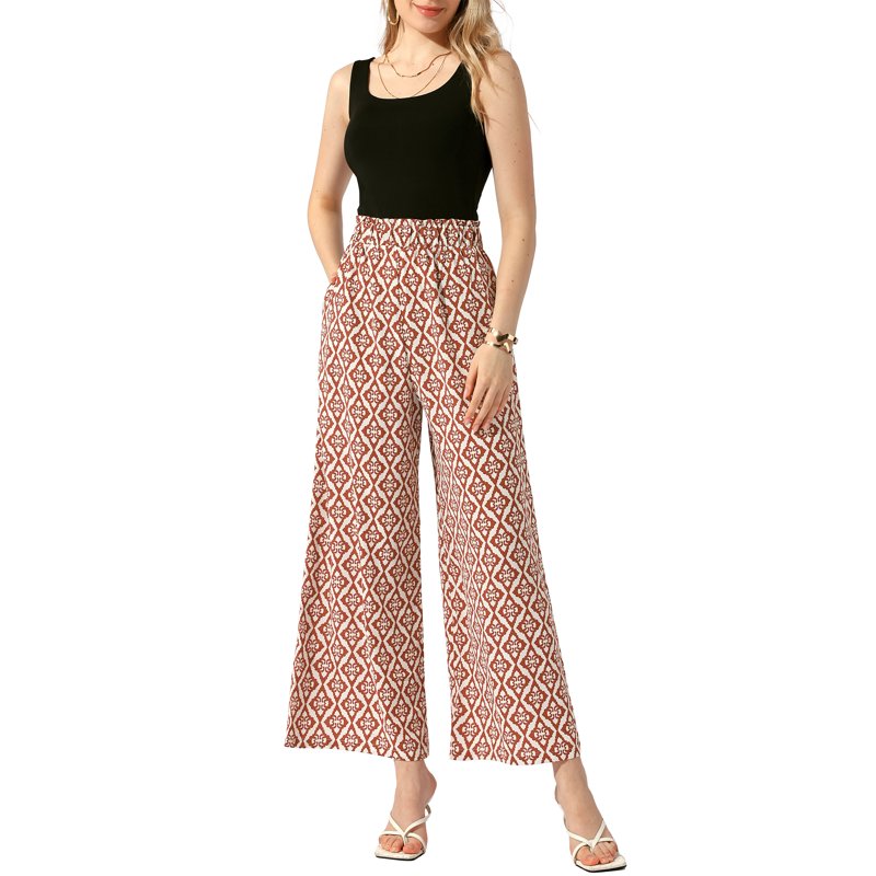 INSPIRE CHIC Women's Pant Geometric Pattern Elastic Tie Waist Summer Boho Wide Leg Long Pant XL Caramel