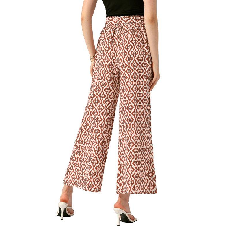 INSPIRE CHIC Women's Pant Geometric Pattern Elastic Tie Waist Summer Boho Wide Leg Long Pant XL Caramel
