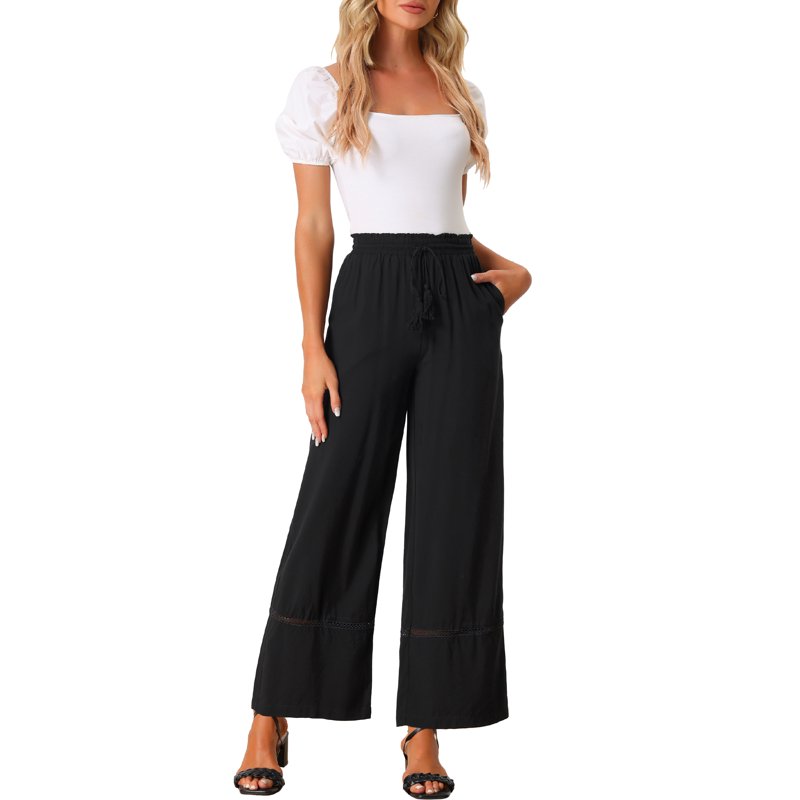 INSPIRE CHIC Women's Pant Wide Leg Drawsting Elastic High Waist Boho Palazzo Pant With Pockets S Black