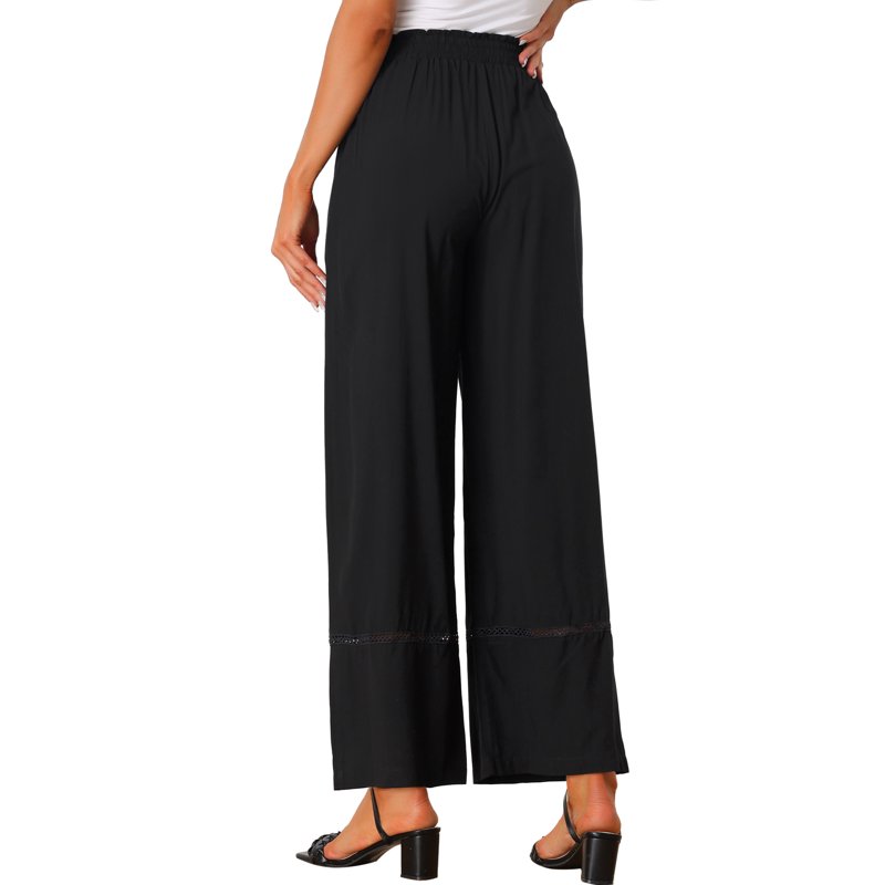 INSPIRE CHIC Women's Pant Wide Leg Drawsting Elastic High Waist Boho Palazzo Pant With Pockets S Black