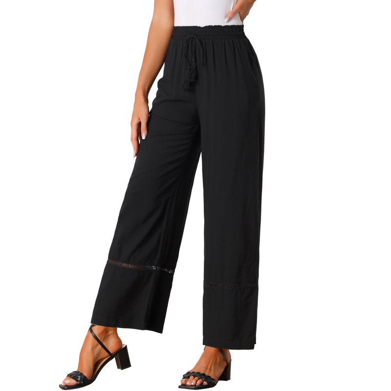 INSPIRE CHIC Women's Pant Wide Leg Drawsting Elastic High Waist Boho Palazzo Pant With Pockets S Black