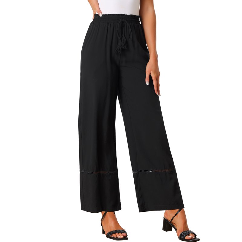 INSPIRE CHIC Women's Pant Wide Leg Drawsting Elastic High Waist Boho Palazzo Pant with Pockets S Black
