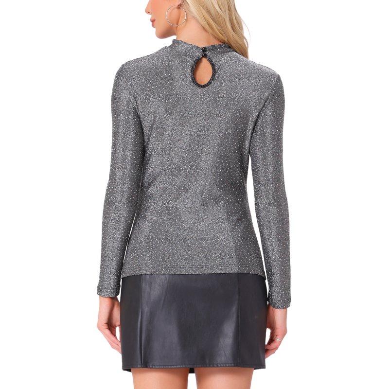 INSPIRE CHIC Women's Top Sparkle Cut Out Mock Neck Long Sleeve Keyhole Back Glitter Tops XL Black