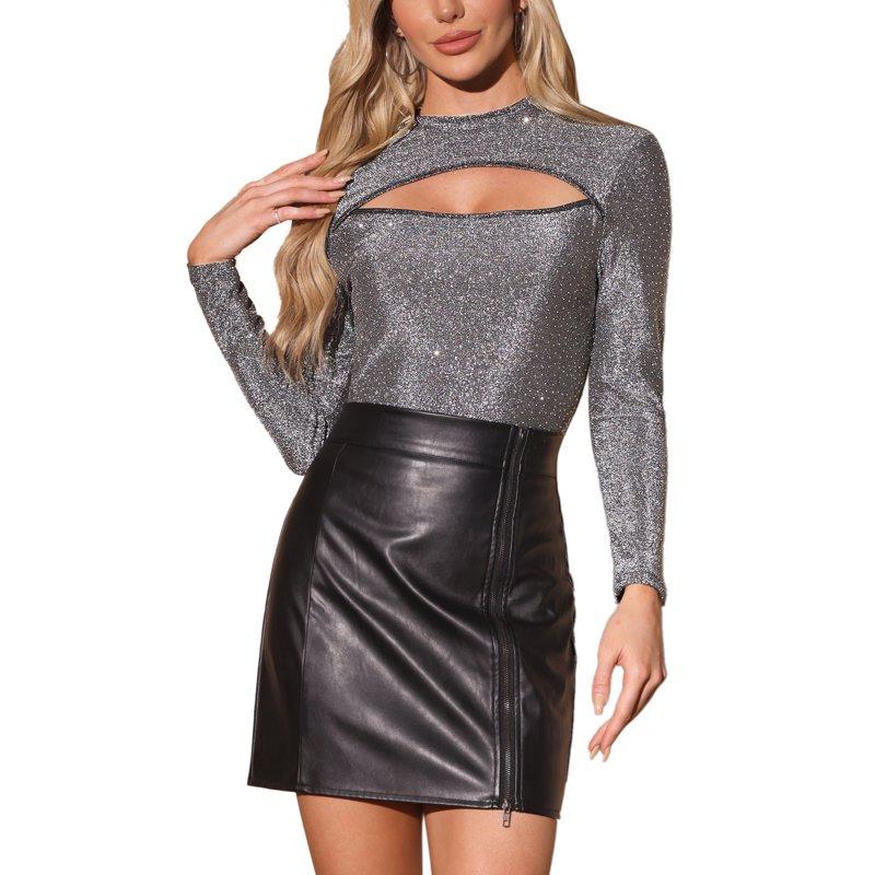 INSPIRE CHIC Women's Top Sparkle Cut Out Mock Neck Long Sleeve Keyhole Back Glitter Tops XL Black