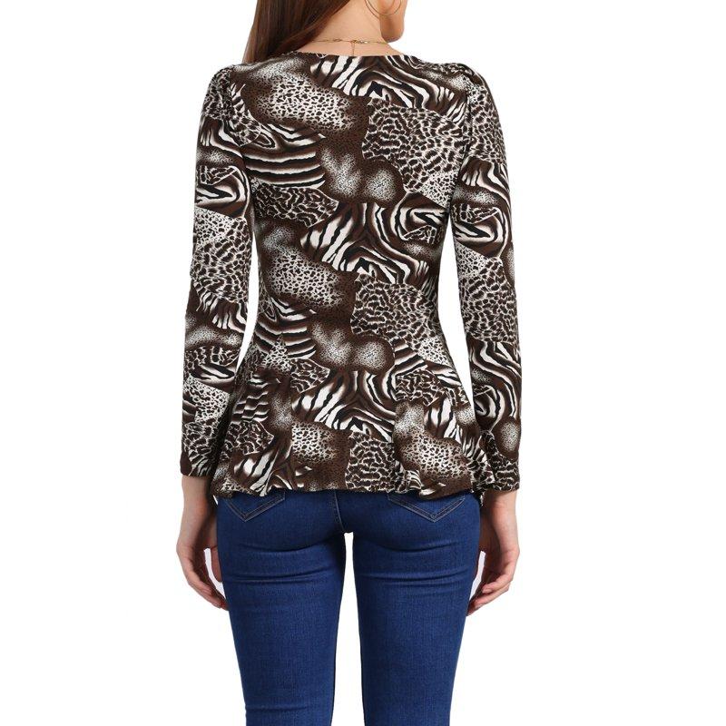 INSPIRE CHIC Women's Tops Printed Scoop Neck Long Sleeves Peplum Blouse XS Coffee-Animal