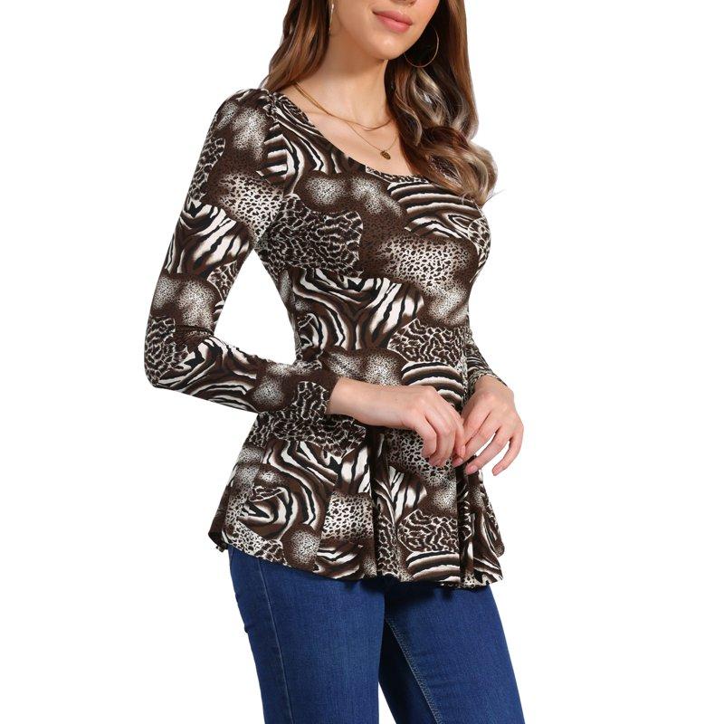 INSPIRE CHIC Women's Tops Printed Scoop Neck Long Sleeves Peplum Blouse XS Coffee-Animal