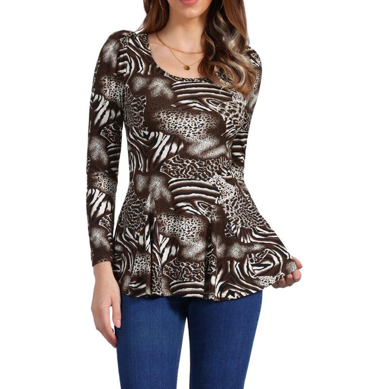 INSPIRE CHIC Women's Tops Printed Scoop Neck Long Sleeves Peplum Blouse XS Coffee-Animal