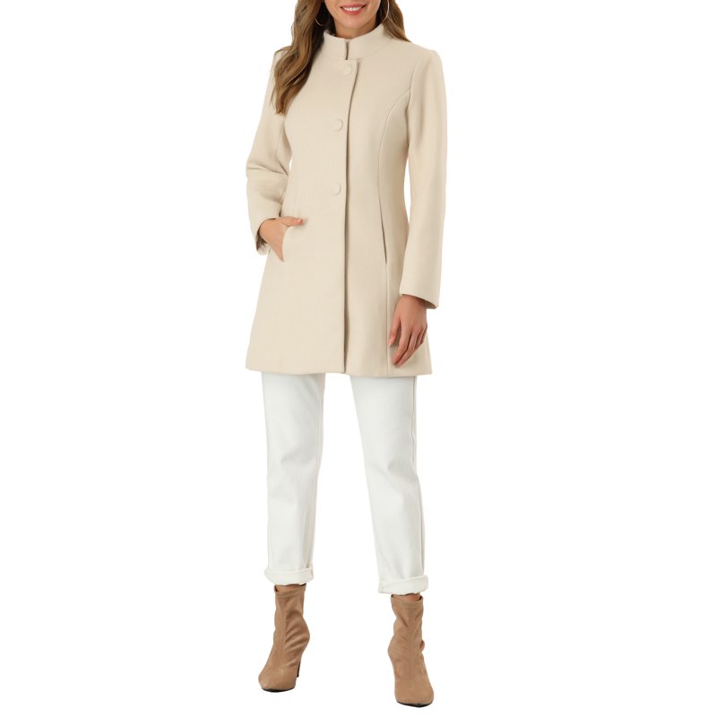 INSPIRE CHIC Women's Winter Overcoat Mid Length Stand Collar Single Breasted Outerwear Coat XS Beige