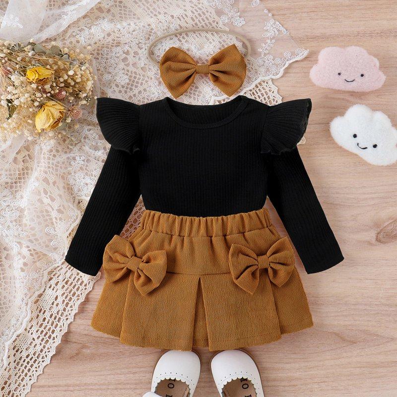 IWEMEK Infant Girls Outfit Winter Ruffle Long Sleeve Knitted Shirts Coffee Bowknot Mini Skirts School Clothes 3-12M