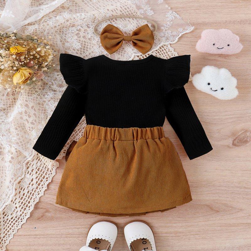 IWEMEK Infant Girls Outfit Winter Ruffle Long Sleeve Knitted Shirts Coffee Bowknot Mini Skirts School Clothes 3-12M