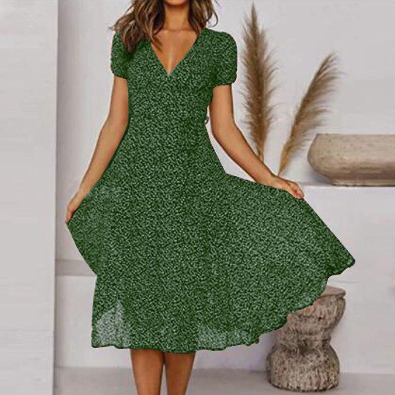 JBXKXYW Women Casual Dress Summer Dress V Neck Solid Color Polka Dot Print Dress Short Sleeve Lace Up Tie Dress (Green XL)