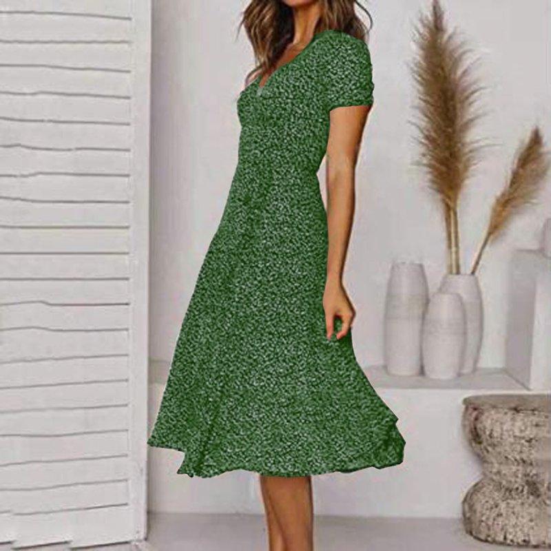 JBXKXYW Women Casual Dress Summer Dress V Neck Solid Color Polka Dot Print Dress Short Sleeve Lace Up Tie Dress (Green XL)