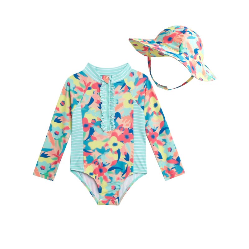 Jessica Simpson Toddler Girls' Rashguard Swimsuit with Hat Sizes 12M-24M