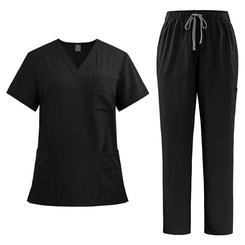 Jinhomg Medical Nurse Uniform For Women 2 Piece Solid Scrubs Set Lightweight Comfy Short Sleeve V-Neck Tunics With Elastic Drawstring Waist Pants Spring Saving Black S