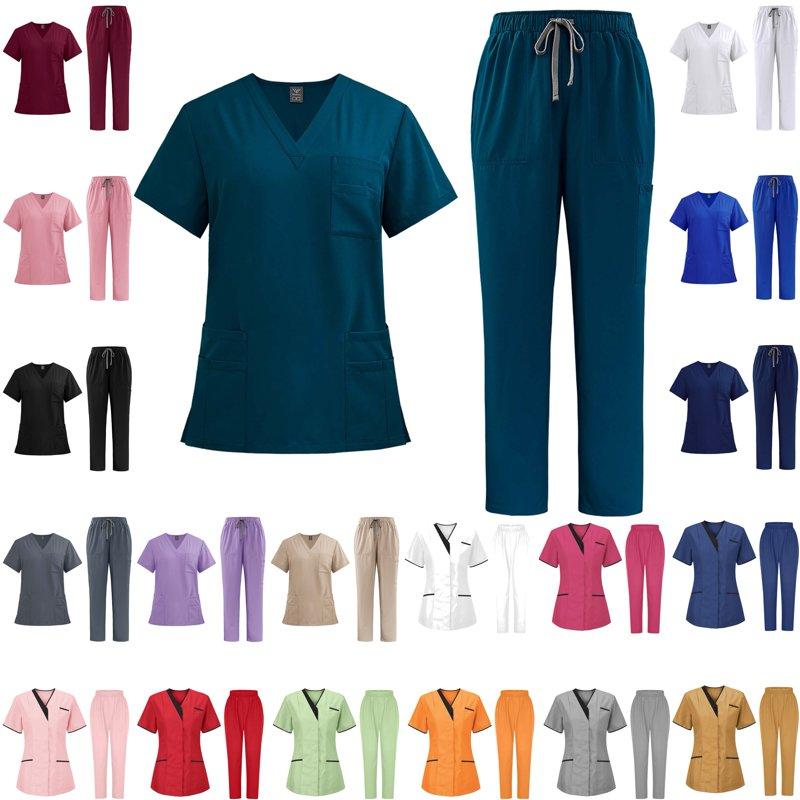 Jinhomg Medical Nurse Uniform for Women 2 Piece Solid Scrubs Set Lightweight Comfy Short Sleeve V-Neck Tunics with Elastic Drawstring Waist Pants Spring Saving Black S Jinhomg Medical Nurse Uniform for Women 2 Piece Solid Scrubs Set Lightweight Comfy Short Sleeve V-Neck Tunics with Elastic Drawstring Waist Pants Spring Saving Black S