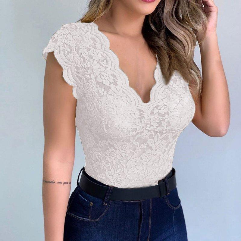 JINMGG Tank Tops For Women Under $5 Women Solid V-neck Sheer Mesh Lace Sleeveless Slim Bodysuit White L