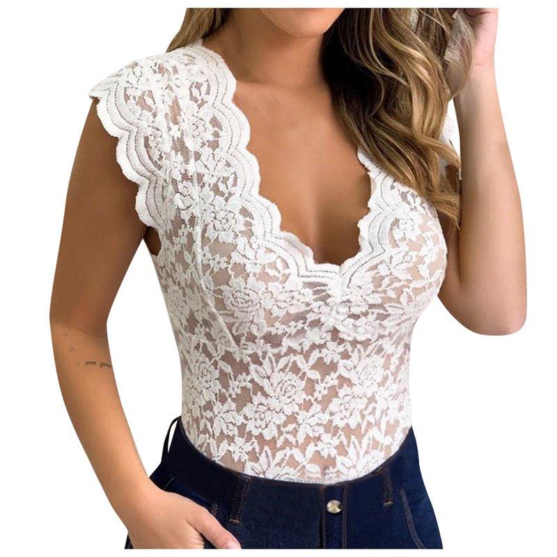 JINMGG Tank Tops for Women under $5 Women Solid V-neck Sheer Mesh Lace Sleeveless Slim Bodysuit White L JINMGG Tank Tops for Women under $5 Women Solid V-neck Sheer Mesh Lace Sleeveless Slim Bodysuit White L