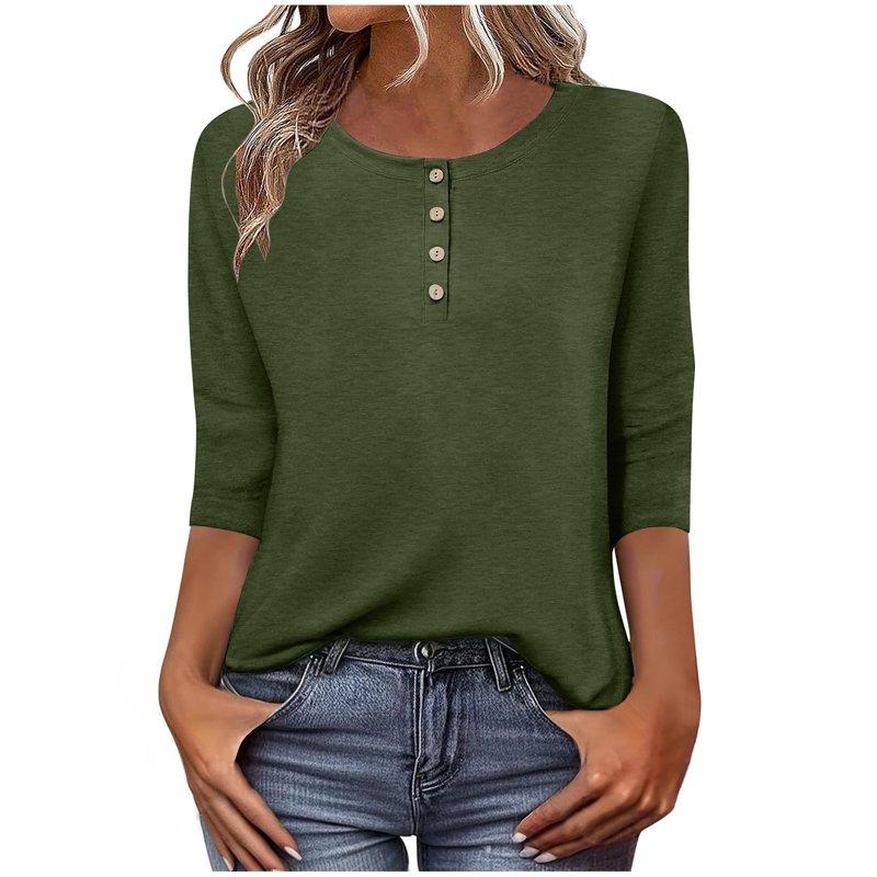 Jjayotai 3/4 Length Sleeve Women Tops Crew Neck Blouses Dressy Casual Summer T Shirts Loose Fit Business Work Clothes Womens Henley Tunic Top Army Green^ XXL