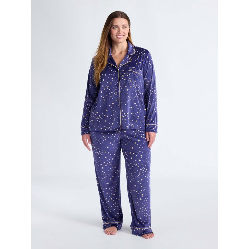 Joyspun Women’s Stretch Velour Notch Collar Long Sleeve Pajama Set Sizes XS To 4X
