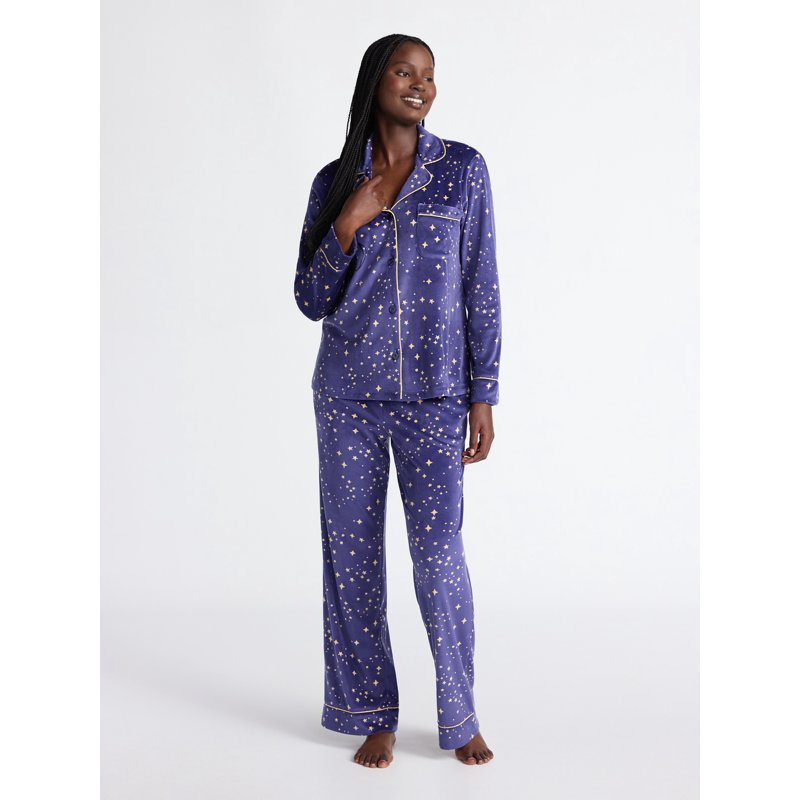 Joyspun Women’s Stretch Velour Notch Collar Long Sleeve Pajama Set Sizes XS to 4X