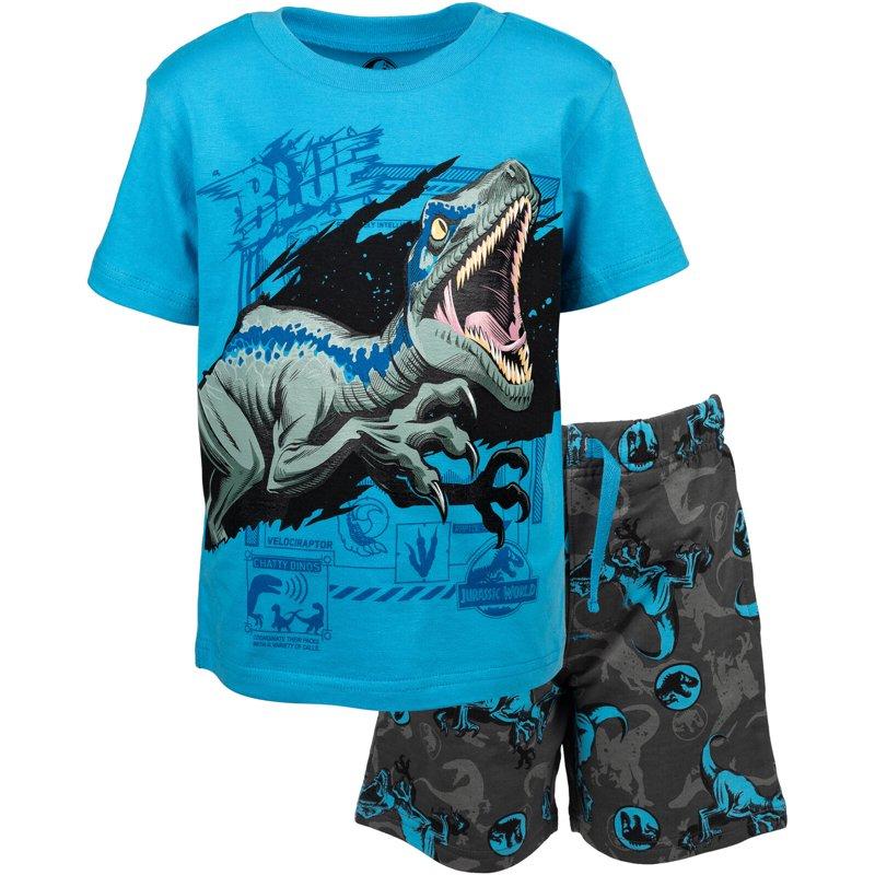 Jurassic World Dinosaur Blue Big Boys T-Shirt and French Terry Shorts Outfit Set Blue / Grey 10-12