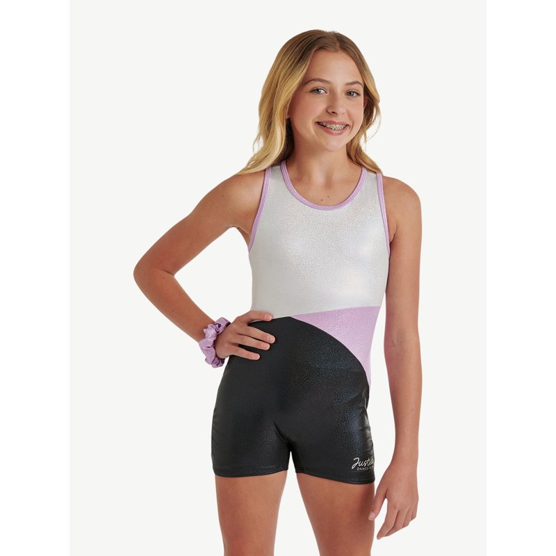 Justice All Over Foil Biketard for Girls with Matching Scrunchie Sizes XS-XL