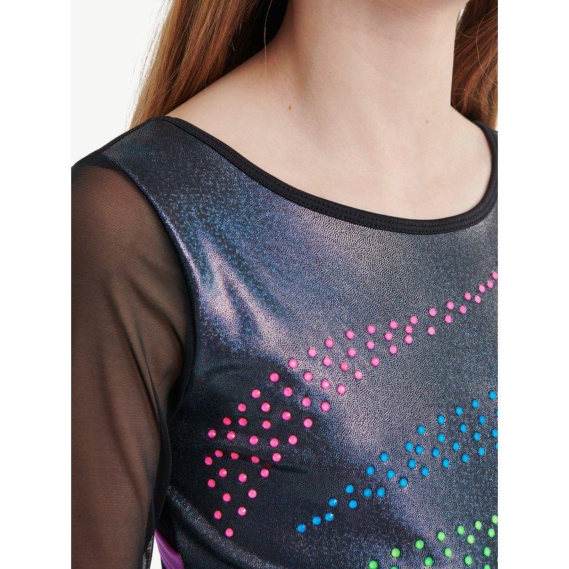 Justice Long Sleeve Embellished Foil Gymnastic Leotard For Girls With Scrunchie Sizes XS-XL