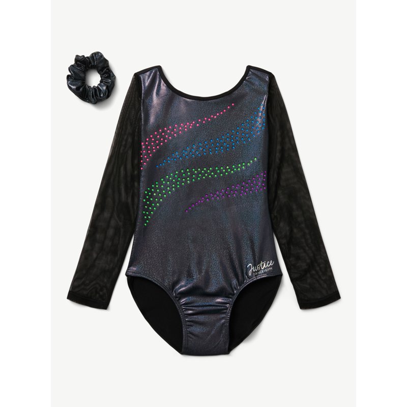 Justice Long Sleeve Embellished Foil Gymnastic Leotard For Girls With Scrunchie Sizes XS-XL
