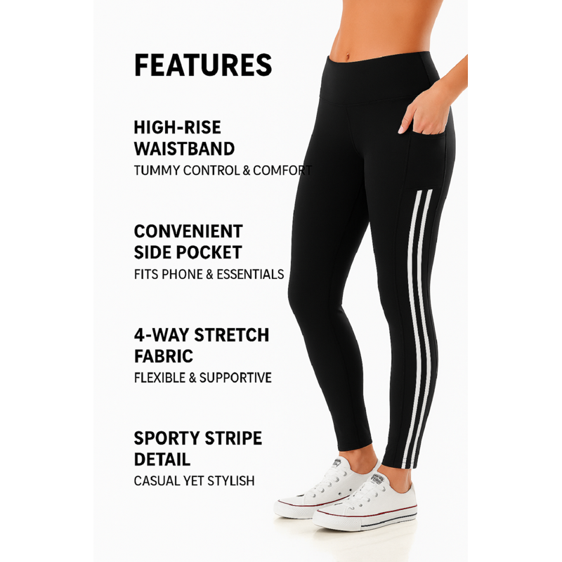 Jvini Women's High Waisted Active Leggings With Side Stripe & Tech Pockets For Yoga Workout Running