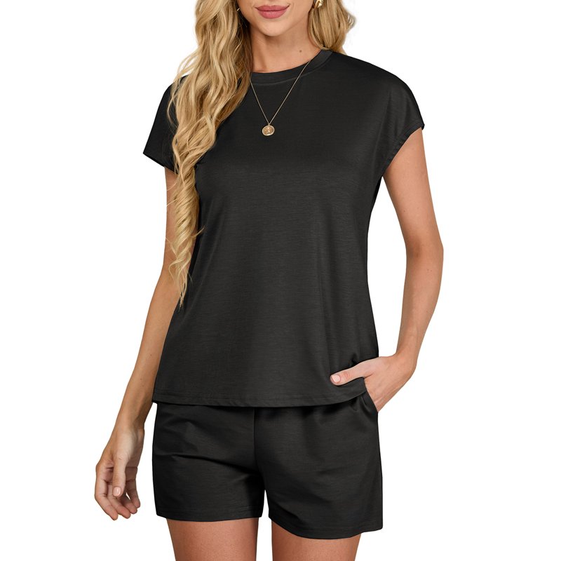 JWD Outfit Sets For Women 2 Piece Sets Casual Short Sleeve Pullover Tops And Elastic Waist Knitted Shorts Black L