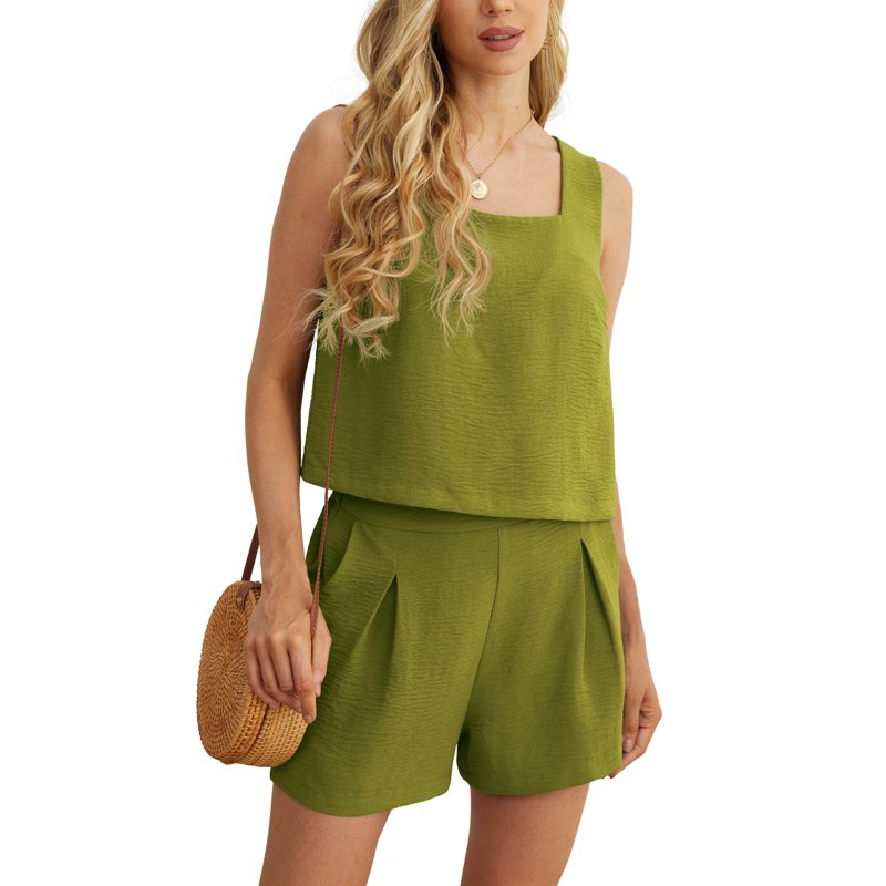 JWD Women's 2 Piece Square Neck Sleeveless Shorts Casual Set Women's Summer Top Amy Green M